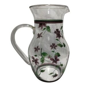 Vintage Hand Painted Glass Pitcher Floral Vine Pattern Clear Glass Carafe